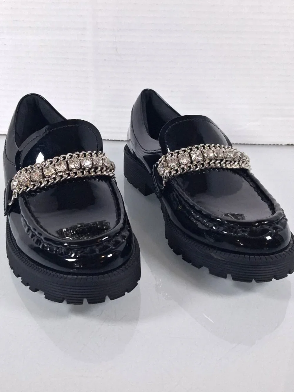 Steve Madden Girls Size 1 Black Taylar Loafers Slip On Shoes Rhinestone Accent